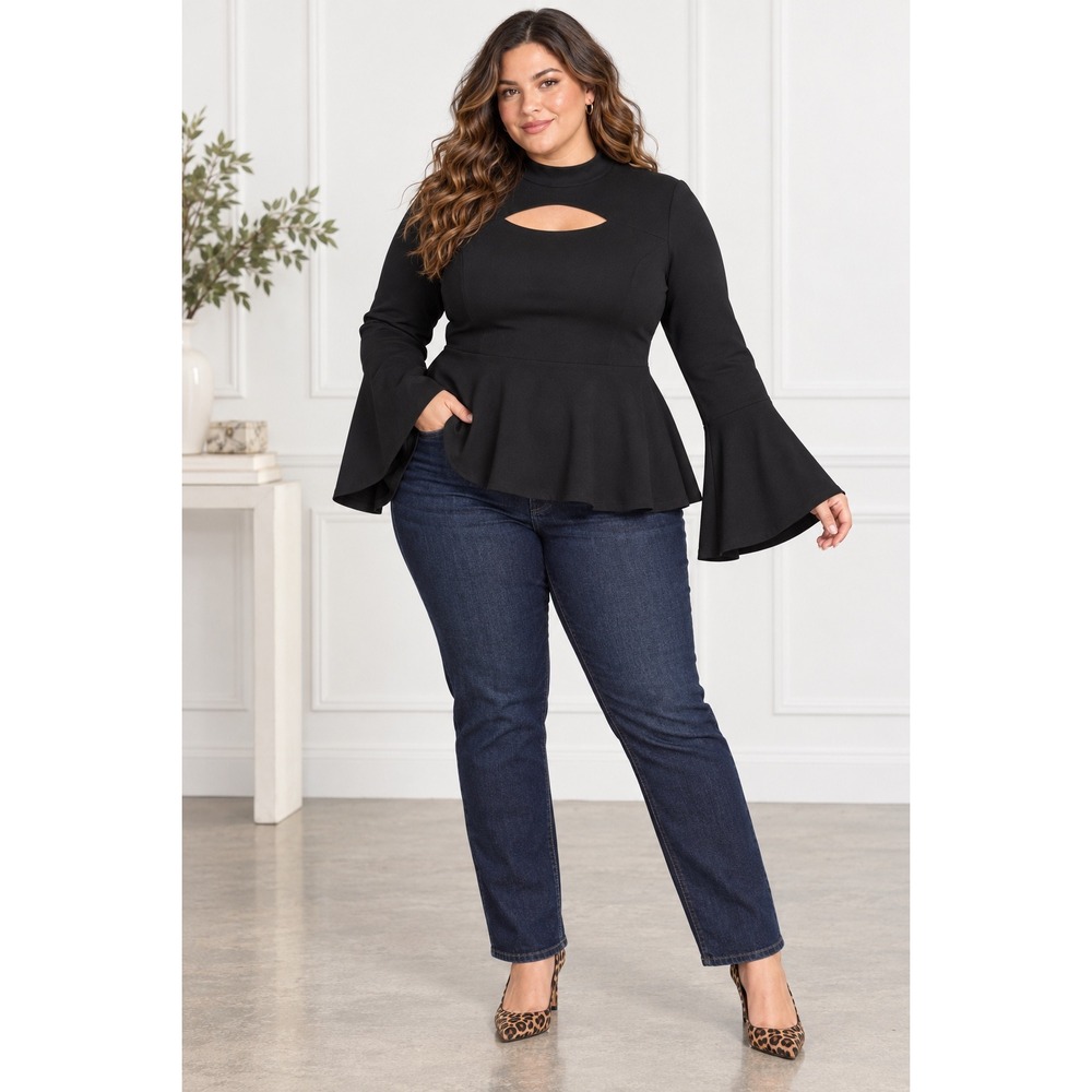 ELOQUII Plus Size 18 Black Peplum Top Bell Sleeve Keyhole Goth Evening